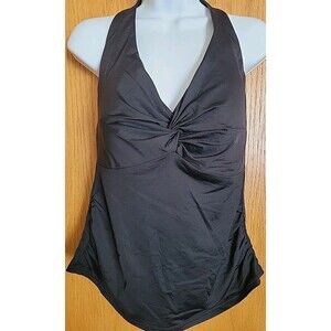 Swim Top Women's 14 V-Neck Black Halter Solid Padded Large Lands End S504